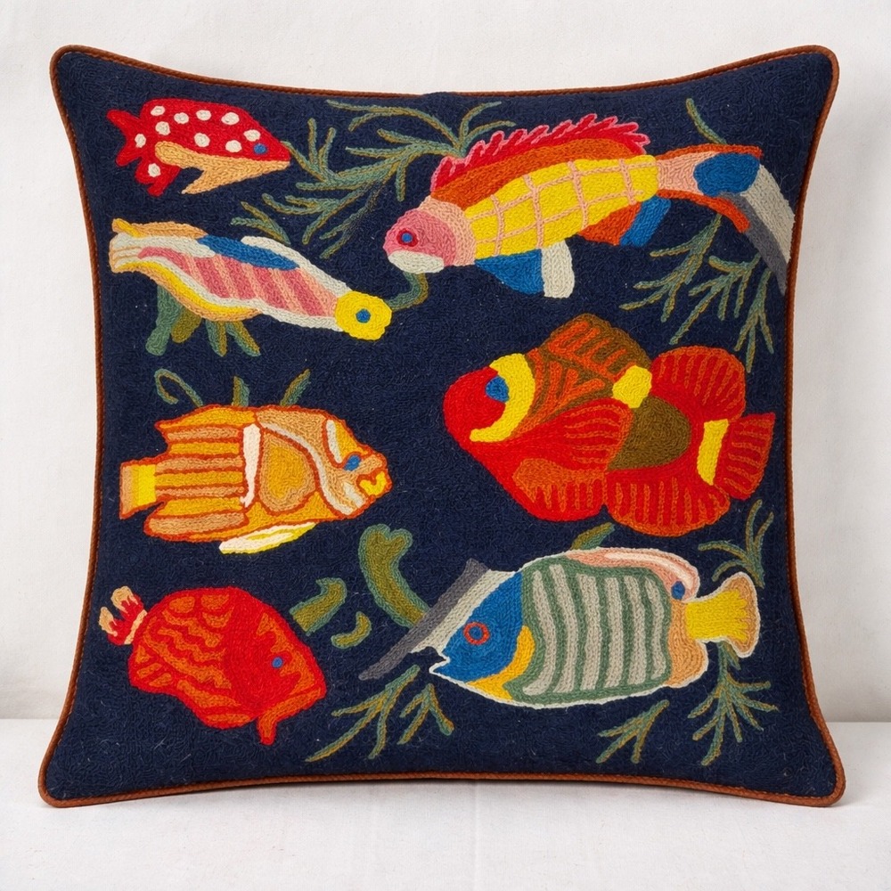Kashmir Handmade Wool Embroidery Fish Pillow Cover Navy Blue 18x18 Square